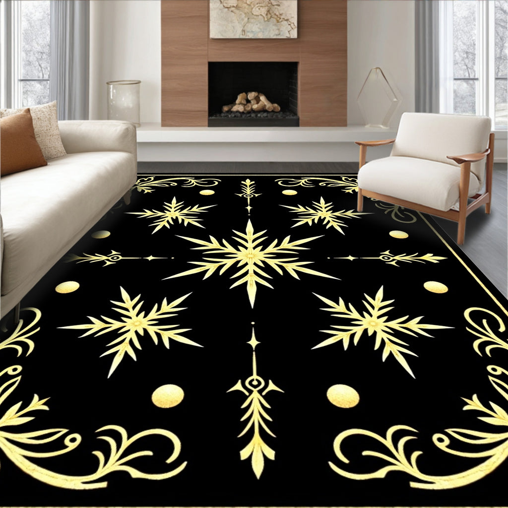 Elegant Gold Black Winter Snowflake Swirl Rug