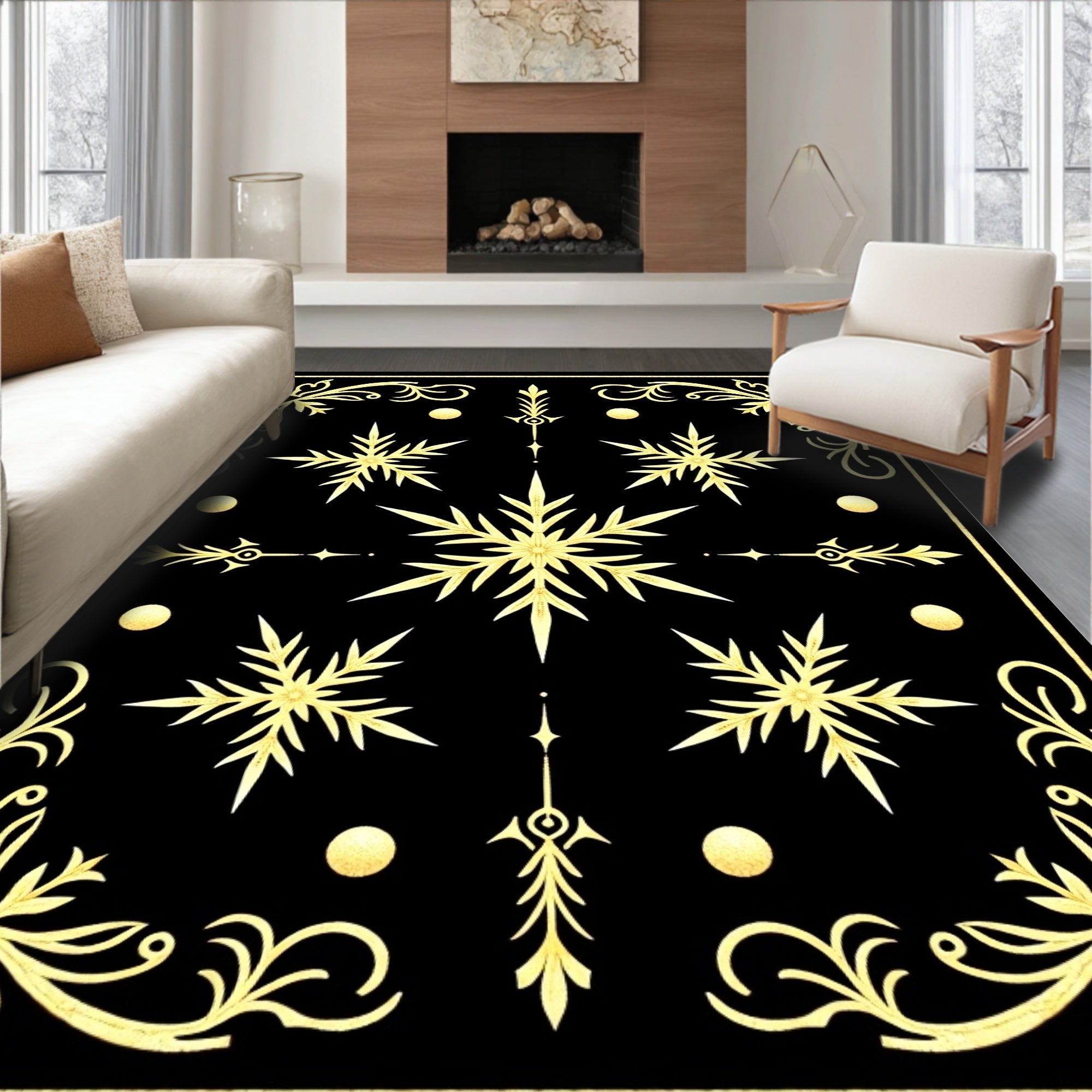 Elegant Gold Black Winter Snowflake Swirl Rug