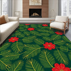 Deep Green Red Floral Fern Rug
