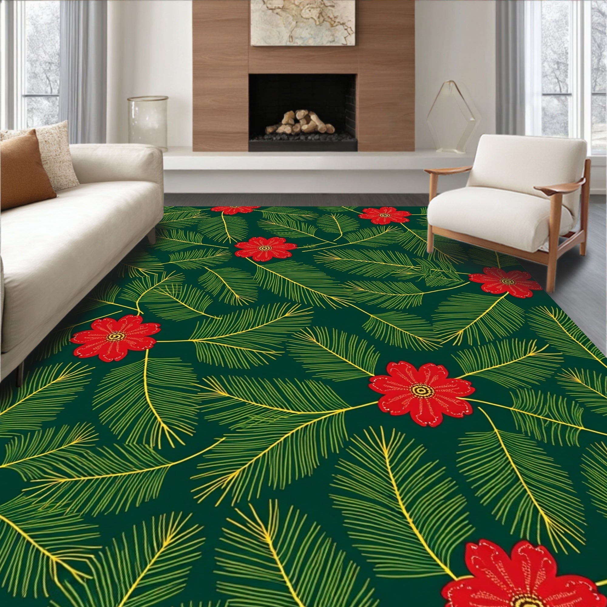 Deep Green Red Floral Fern Rug