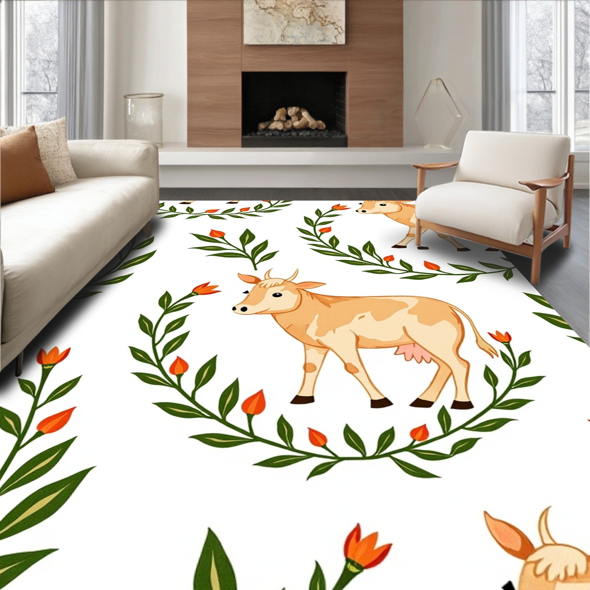 Golden Cows Orange Flower Wreath Rug
