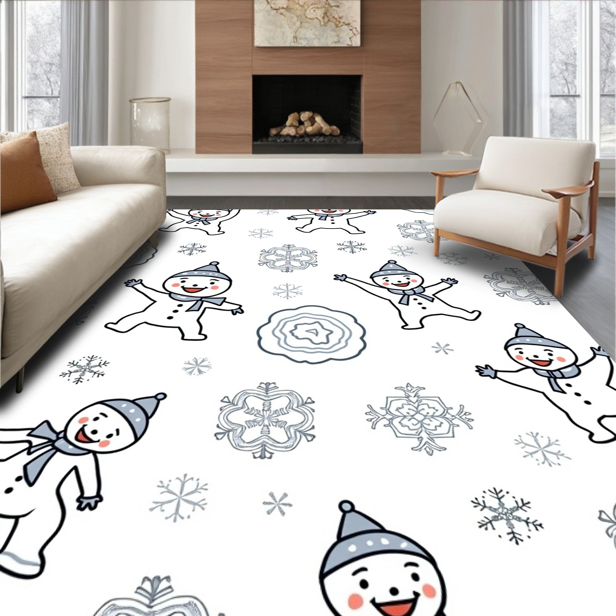 Smiling Snowman Snowflakes Winter Scene Rug