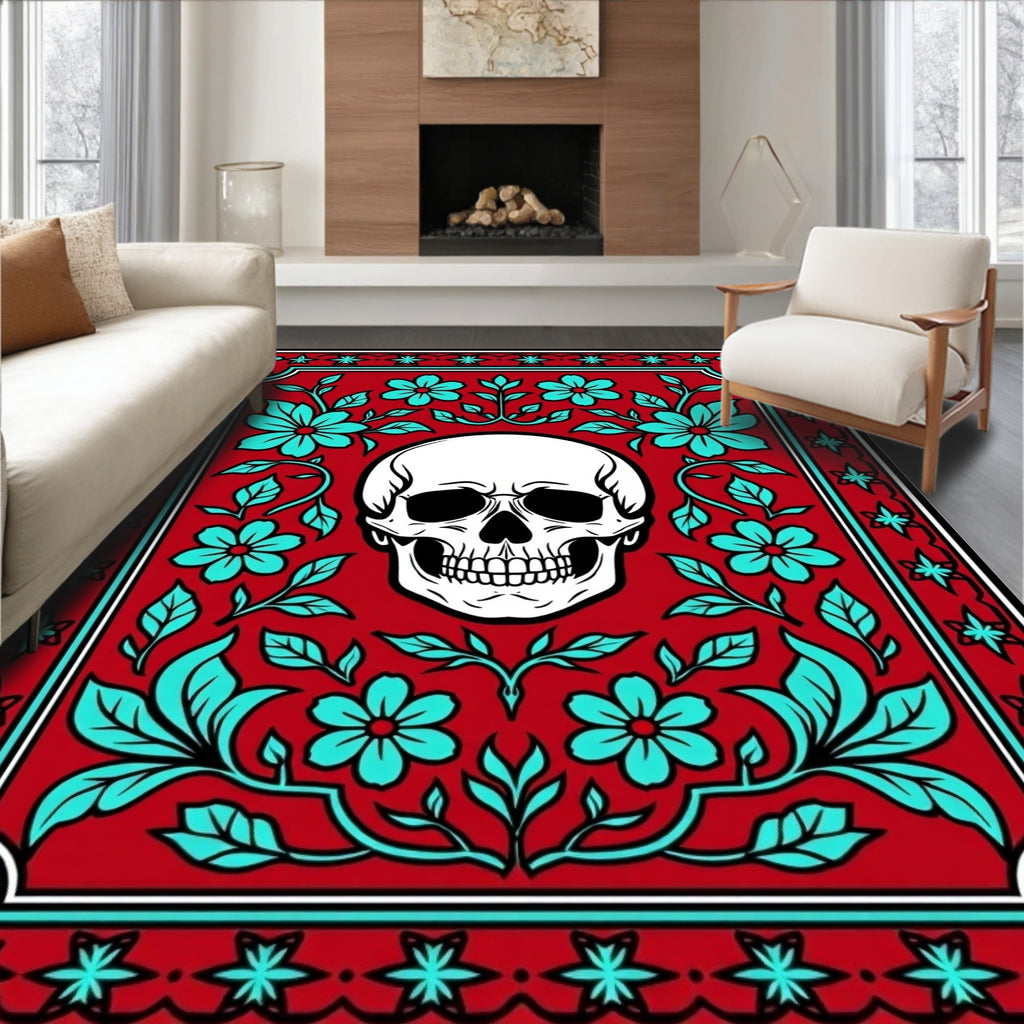 Red Skull Floral Border Rug