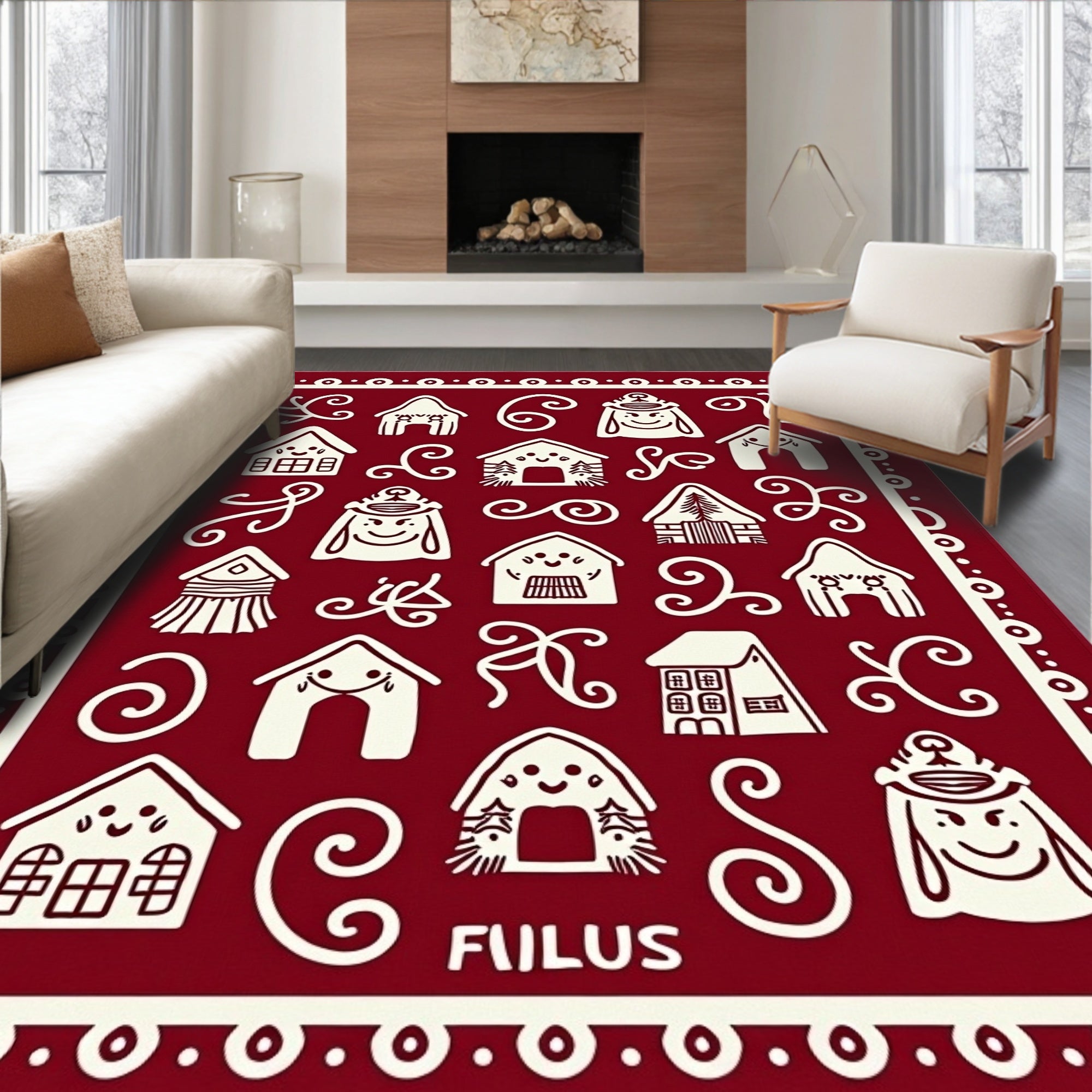 Festive White Gingerbread Houses Crimson Field Rug