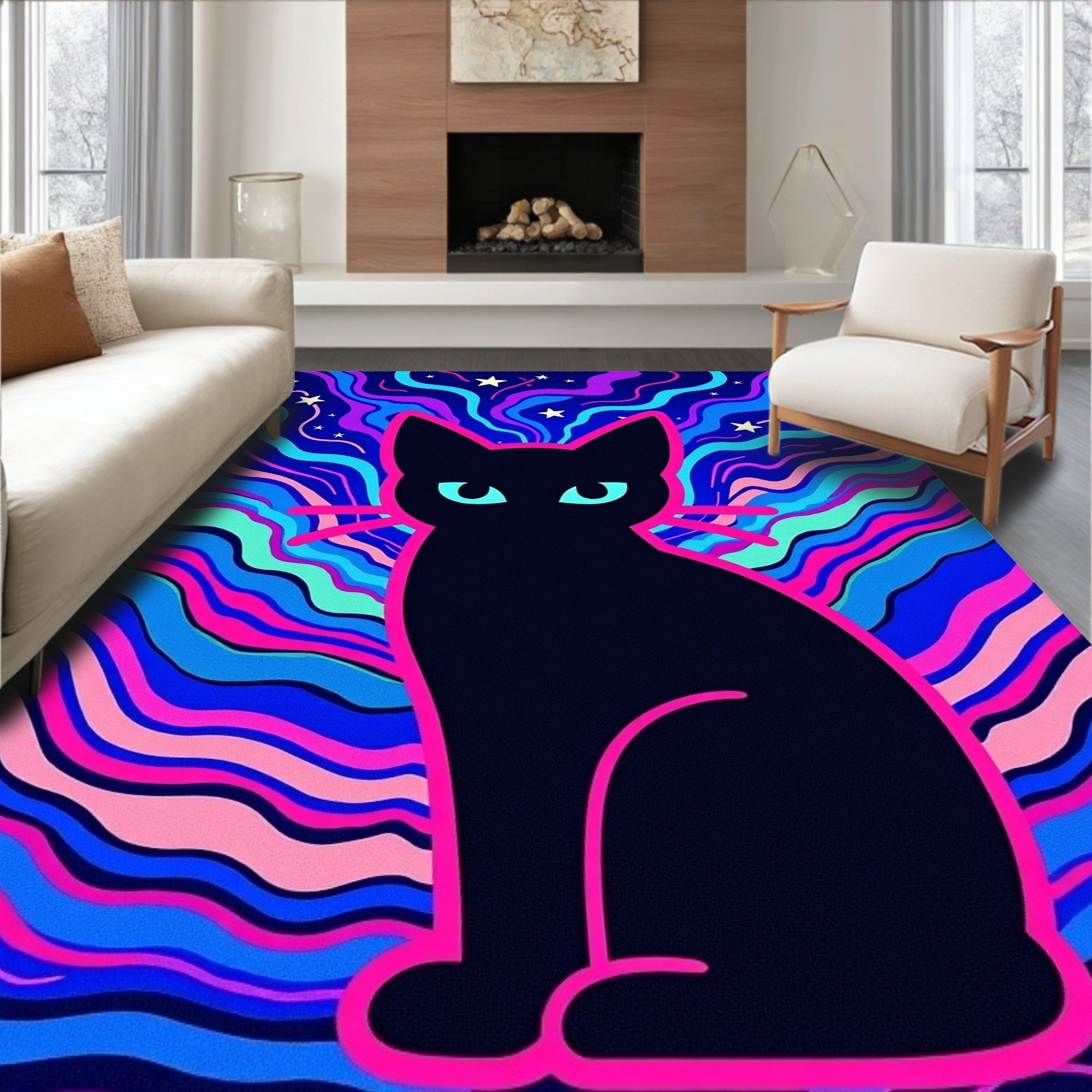 Psychedelic Black Cat Swirling Stars Rug