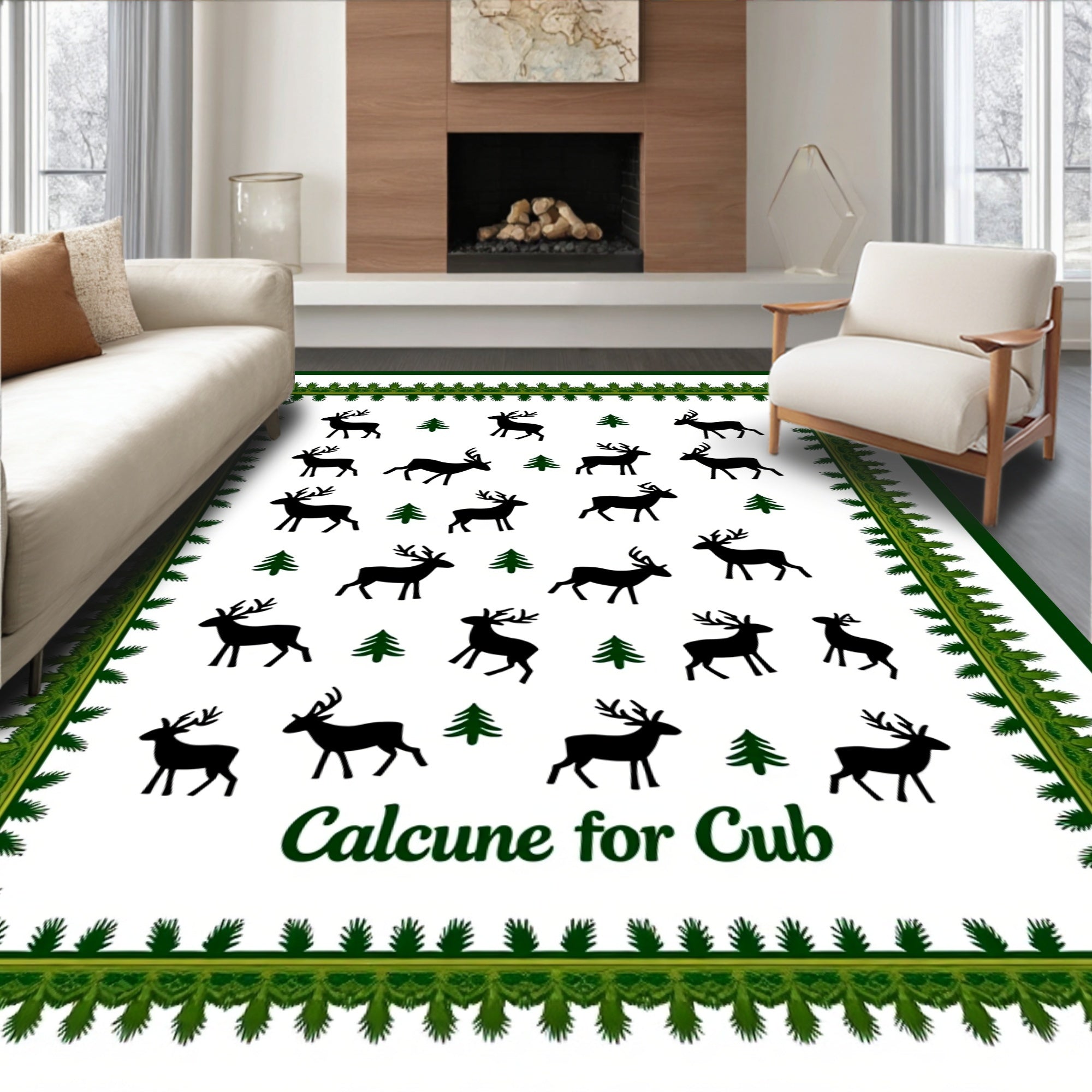 Forest Green Deer and Pine Trees Trail Rug