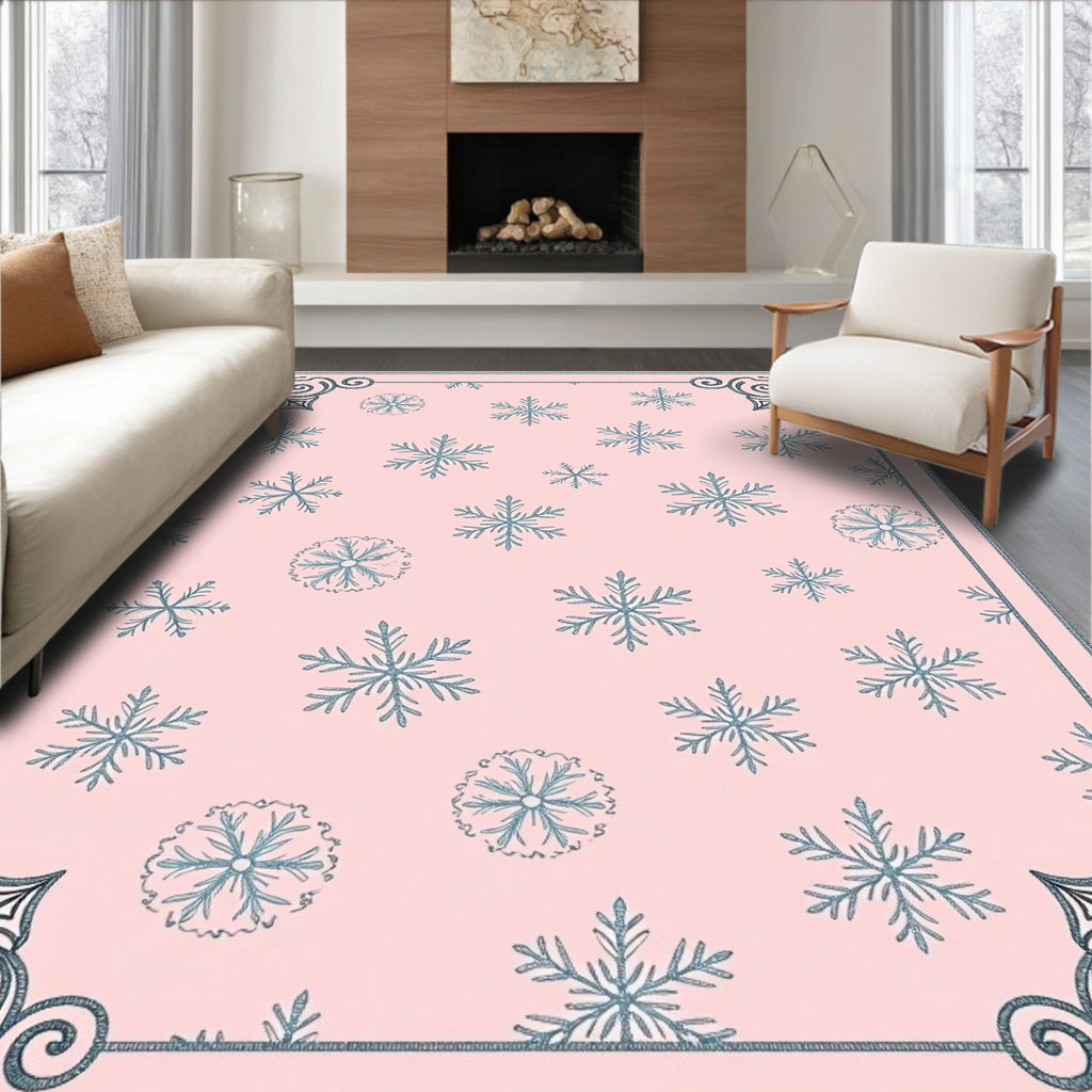 Pale Pink Snowflake Scatter Border Rug
