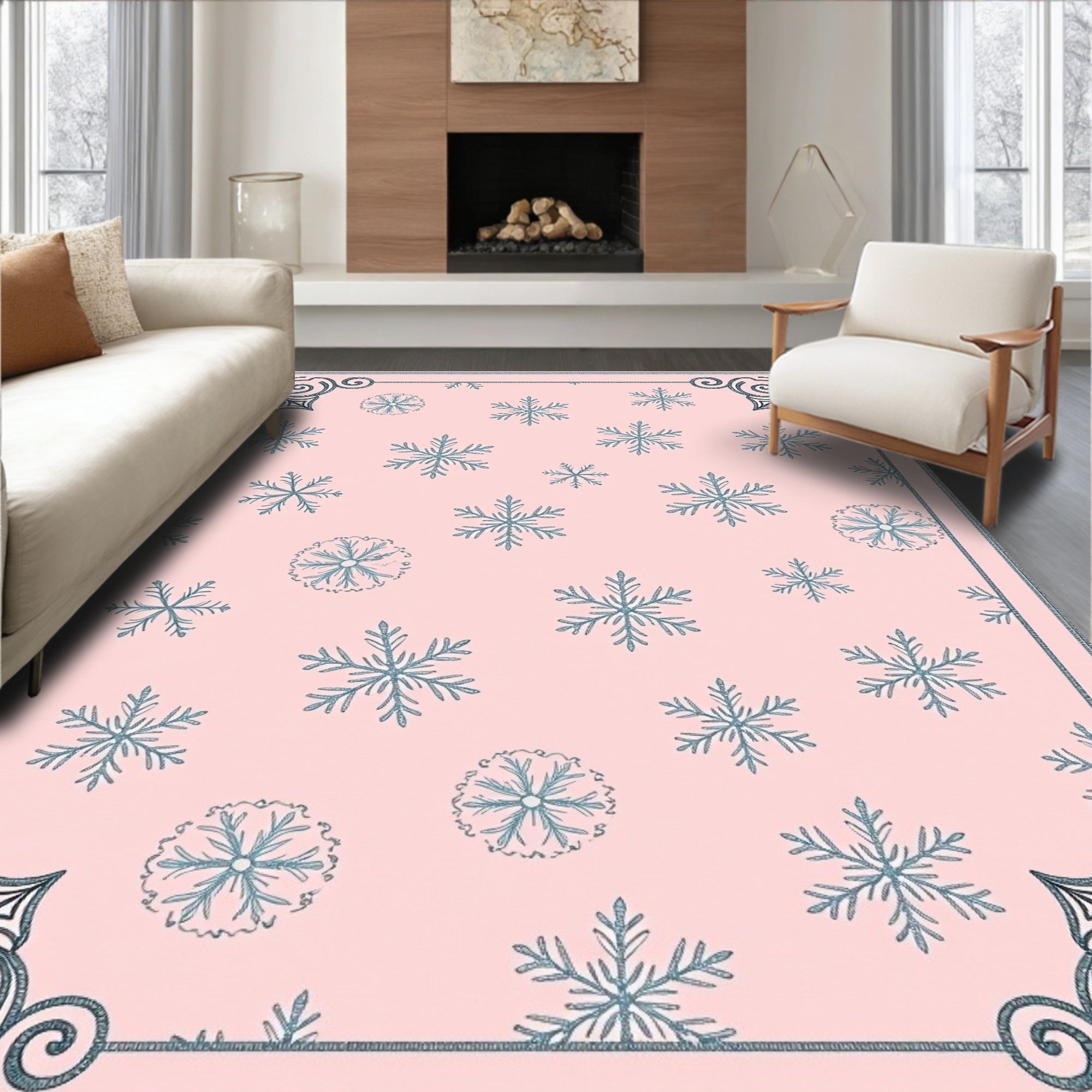 Pale Pink Snowflake Scatter Border Rug