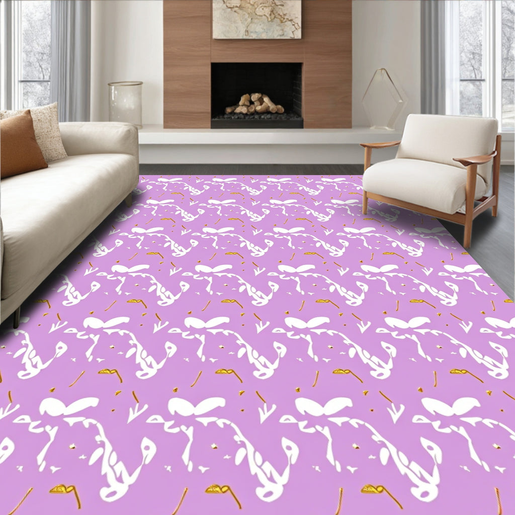 Lavender White Golden Abstract Whimsical Flourish Rug