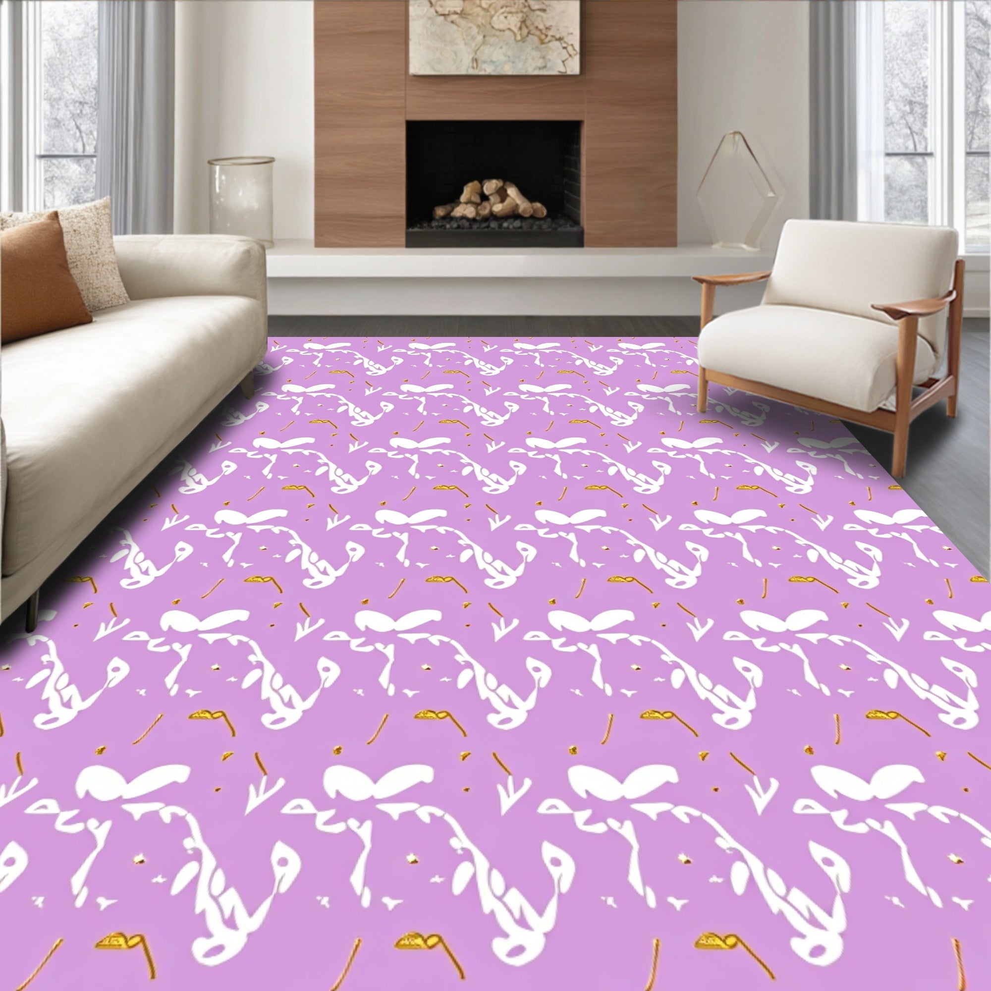 Lavender White Golden Abstract Whimsical Flourish Rug