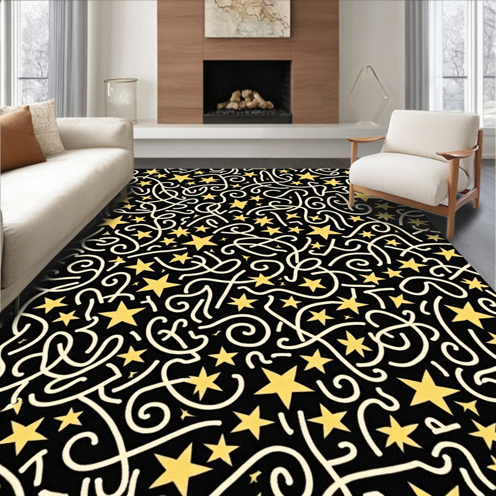 Black Gold Star Swirl Celebration Rug