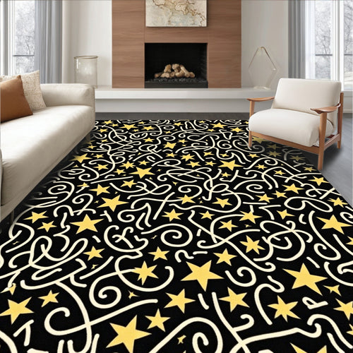 Black Gold Star Swirl Celebration Rug