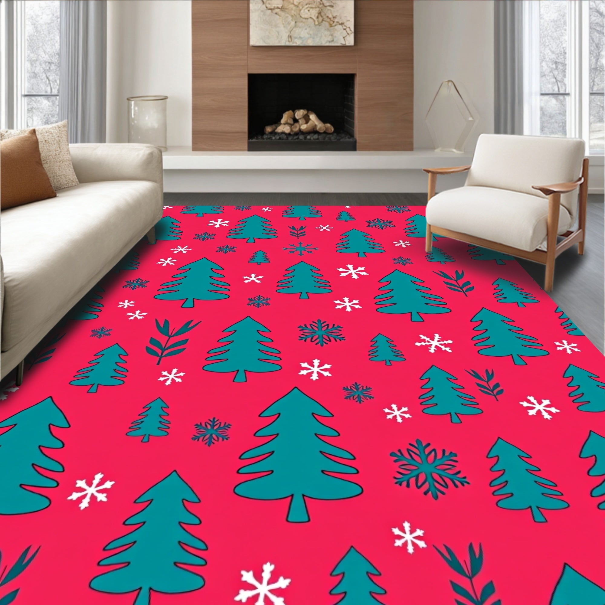 Crimson Teal Evergreen Snowflakes Scattered Rug