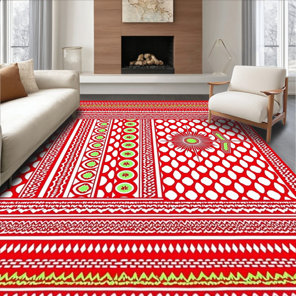 Red White Sunburst Medallion Stripes Rug
