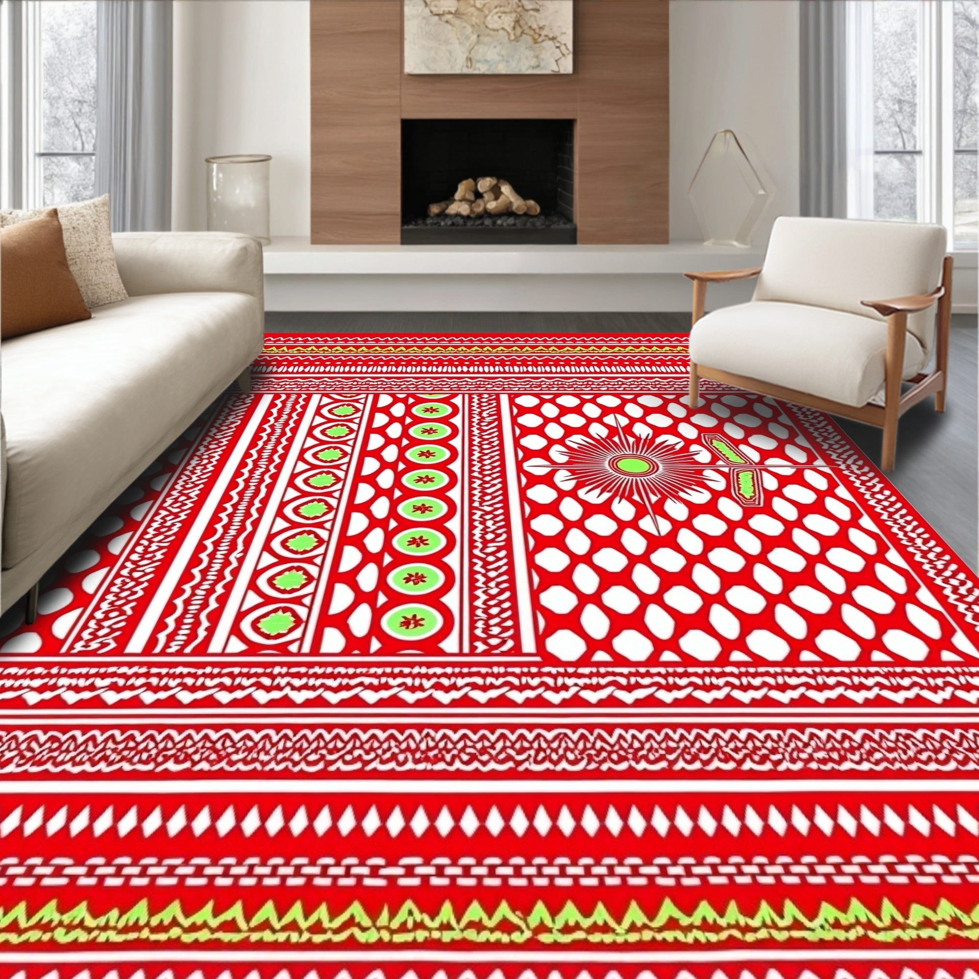 Red White Sunburst Medallion Stripes Rug