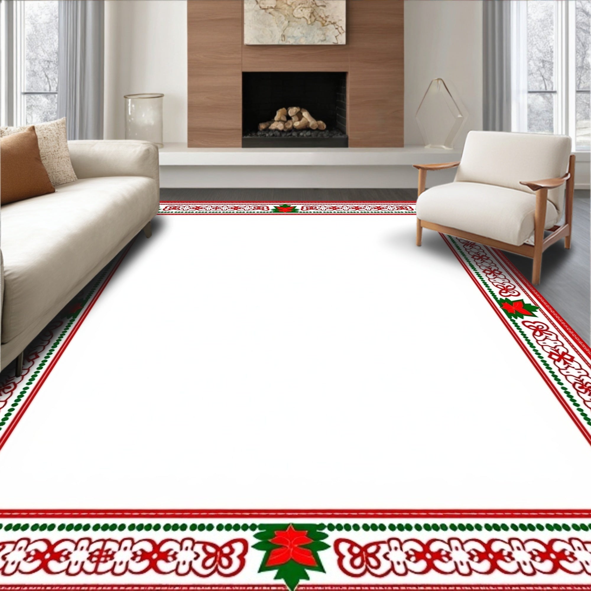Red Green Poinsettia Christmas Border Rug