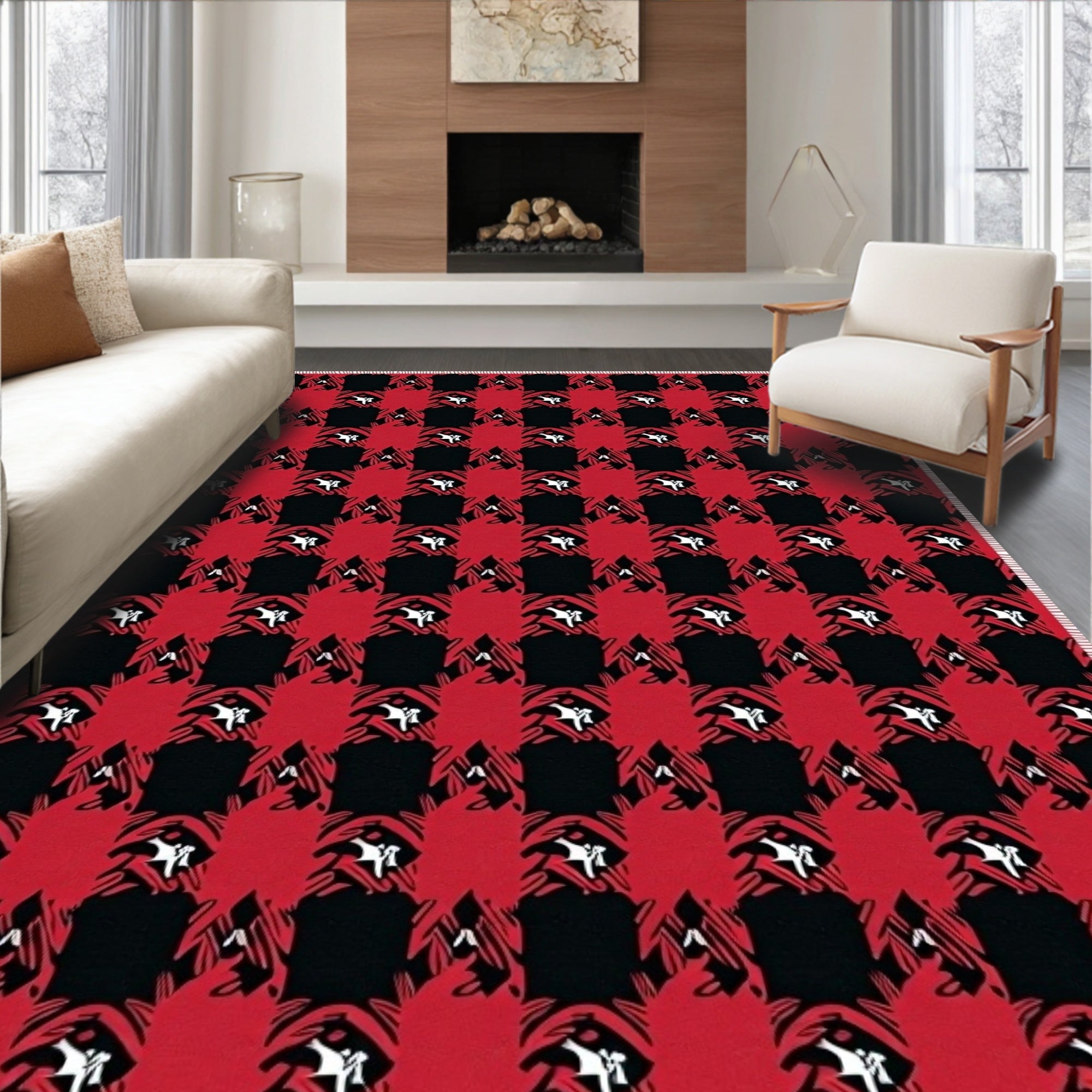 Rustic Red Black Houndstooth Squares Rug