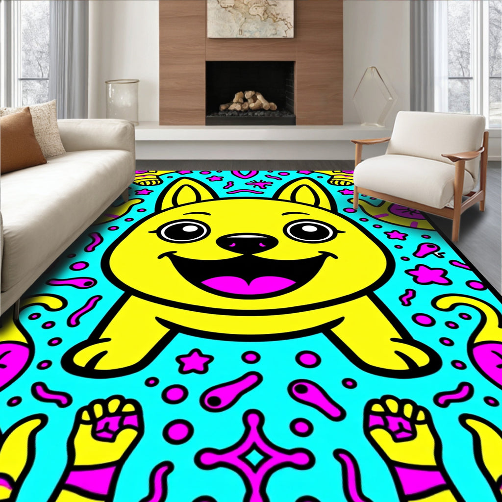 Happy Yellow French Bulldog Bubble Blast Rug