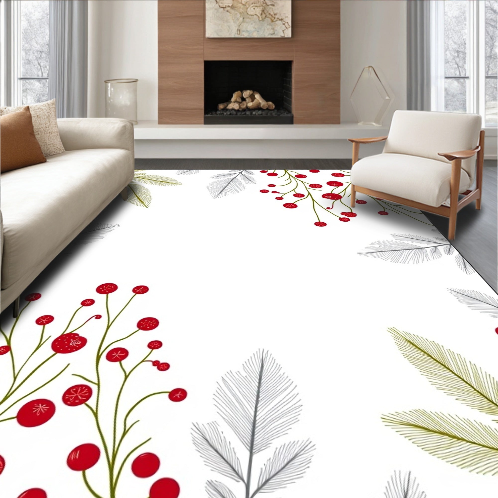 Red Berry Green Branch Leaf Scatter Rug