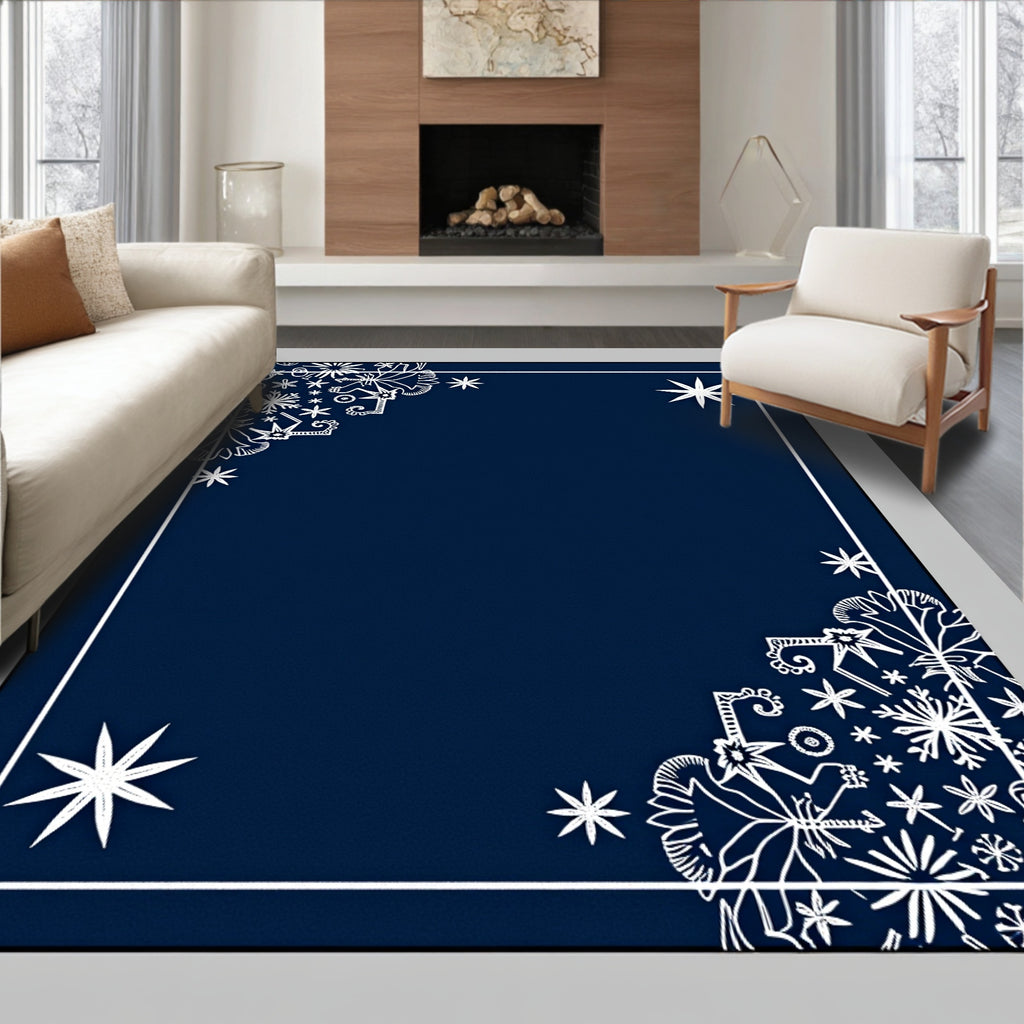 Deep Blue White Snowflake Corner Accents Rug