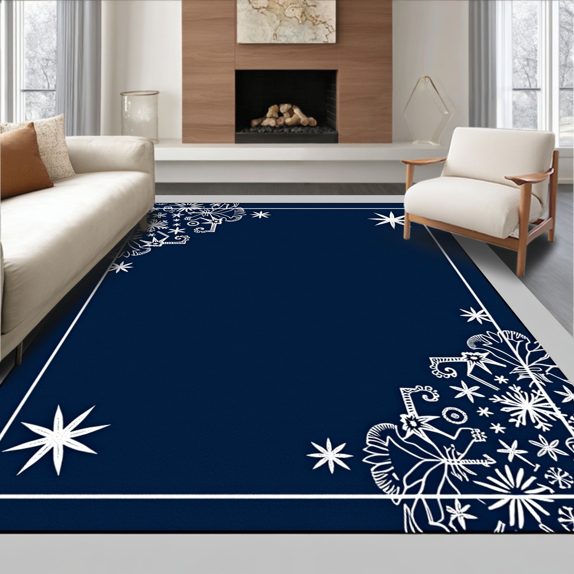 Deep Blue White Snowflake Corner Accents Rug