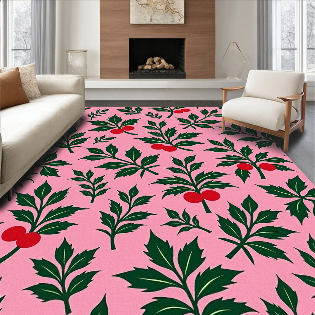 Green Leaf Red Berry Floral Pink Rug