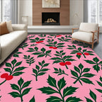 Green Leaf Red Berry Floral Pink Rug