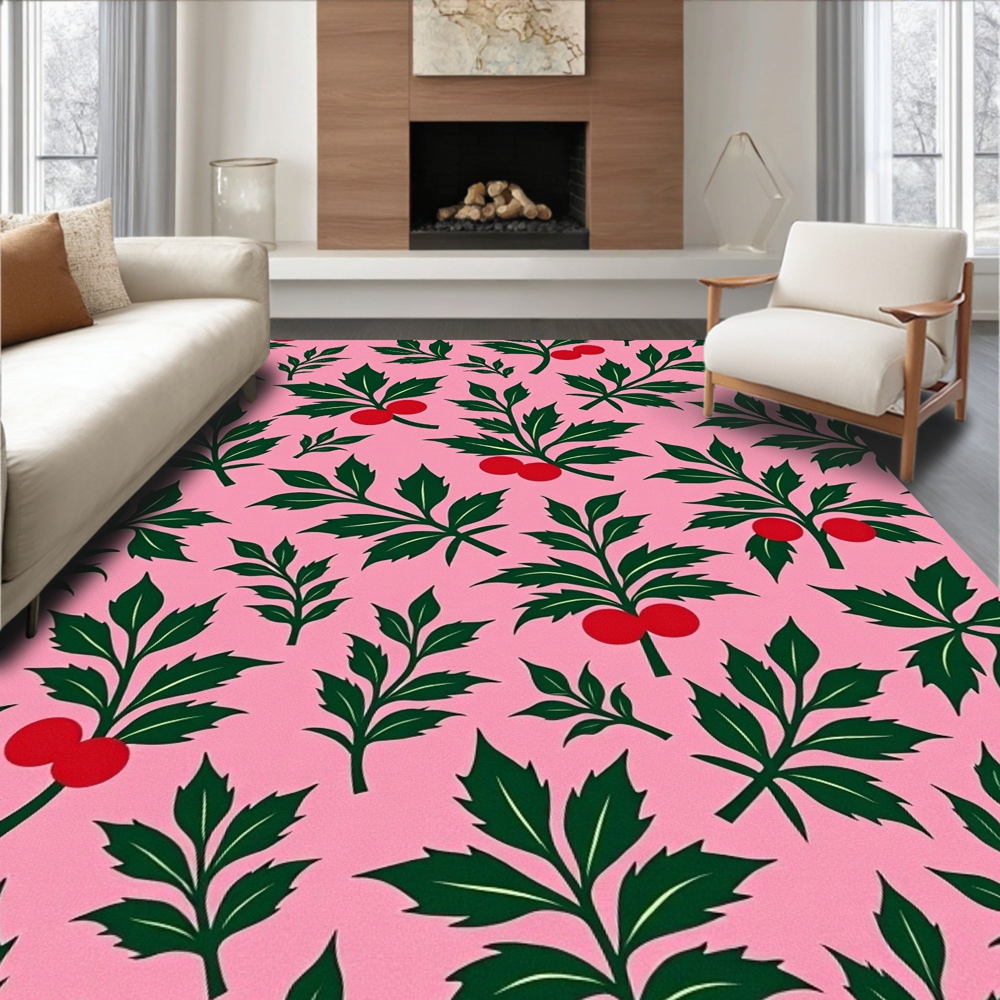Green Leaf Red Berry Floral Pink Rug