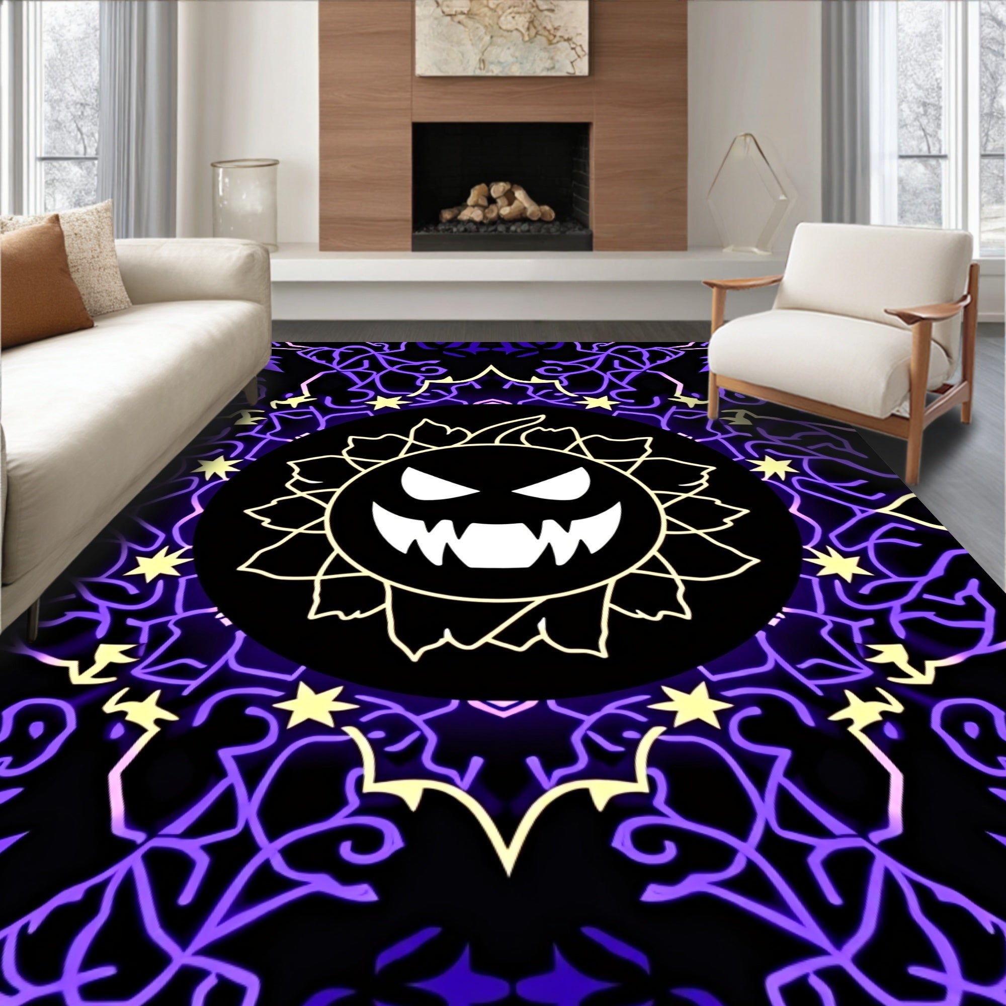 Spooky Yellow Jack O Lantern Mandala Rug