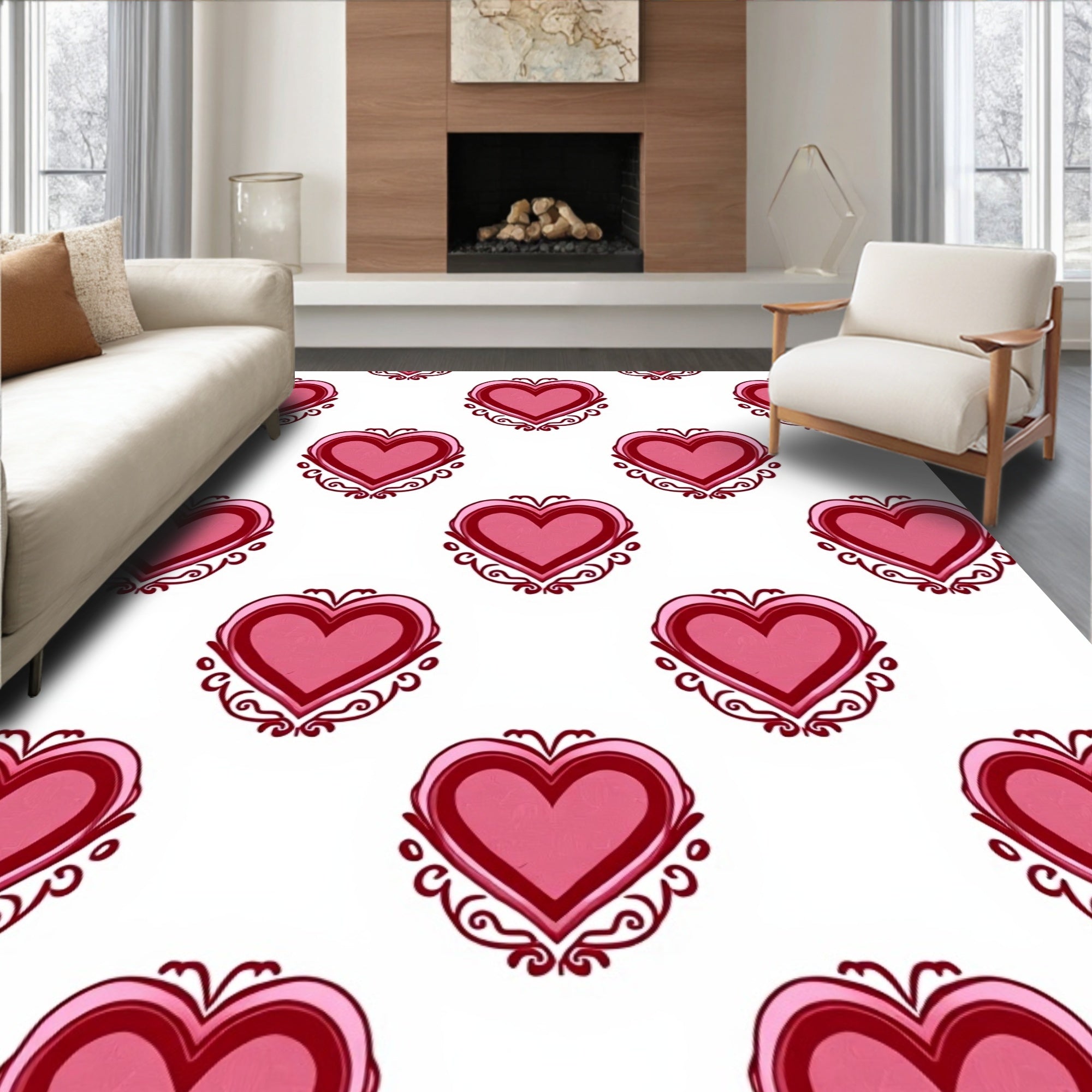 Crimson Double Heart Embellished Romance Rug