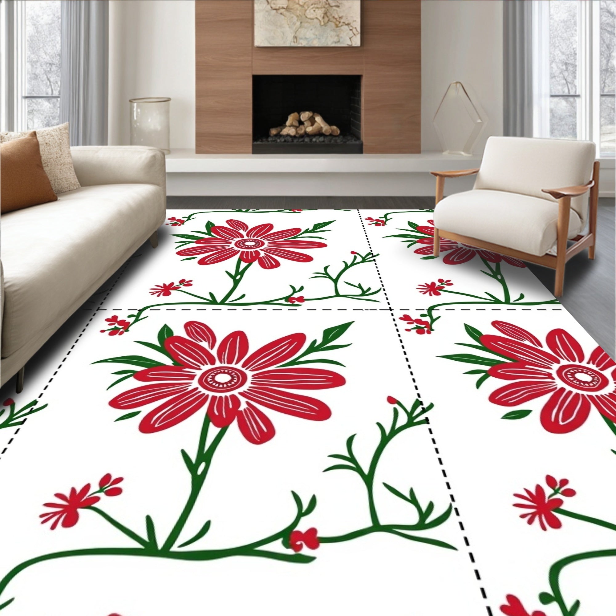 Red Floral Vine Tile Rug