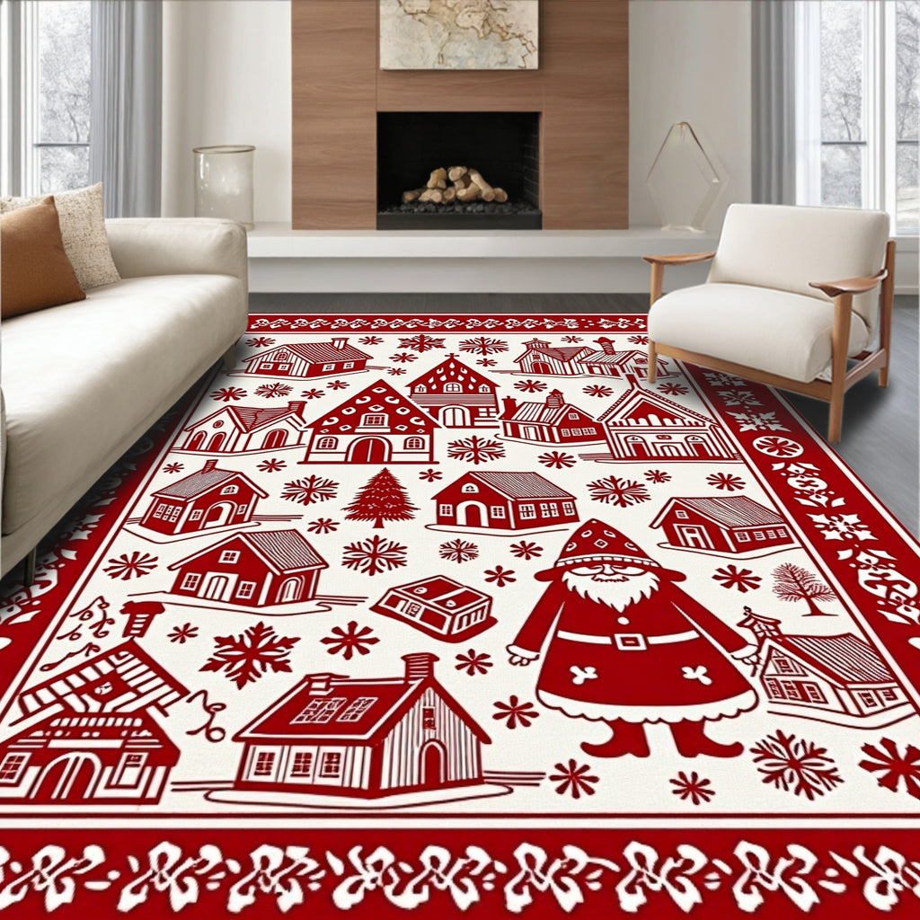 Classic Red Village Snowflake Santa Rug