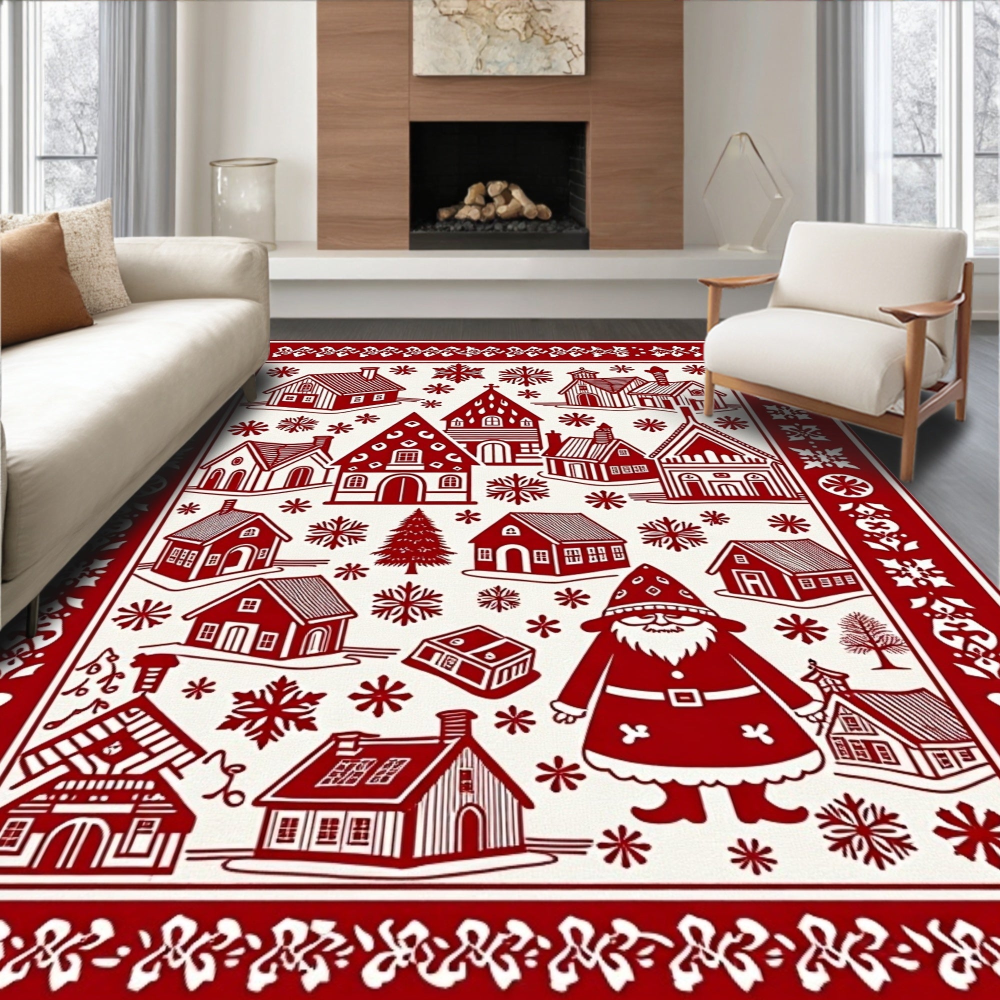 Classic Red Village Snowflake Santa Rug