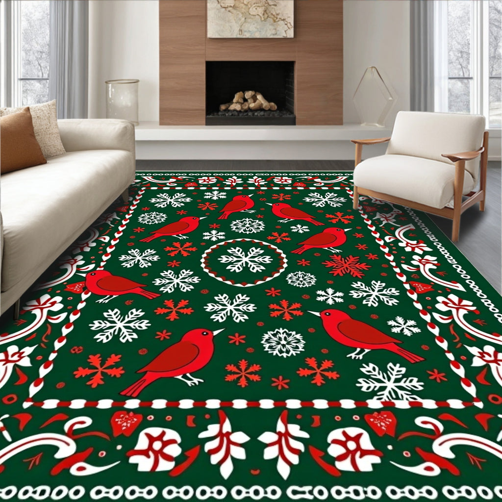 Red Cardinal Winter Snowflake Folk Art Rug