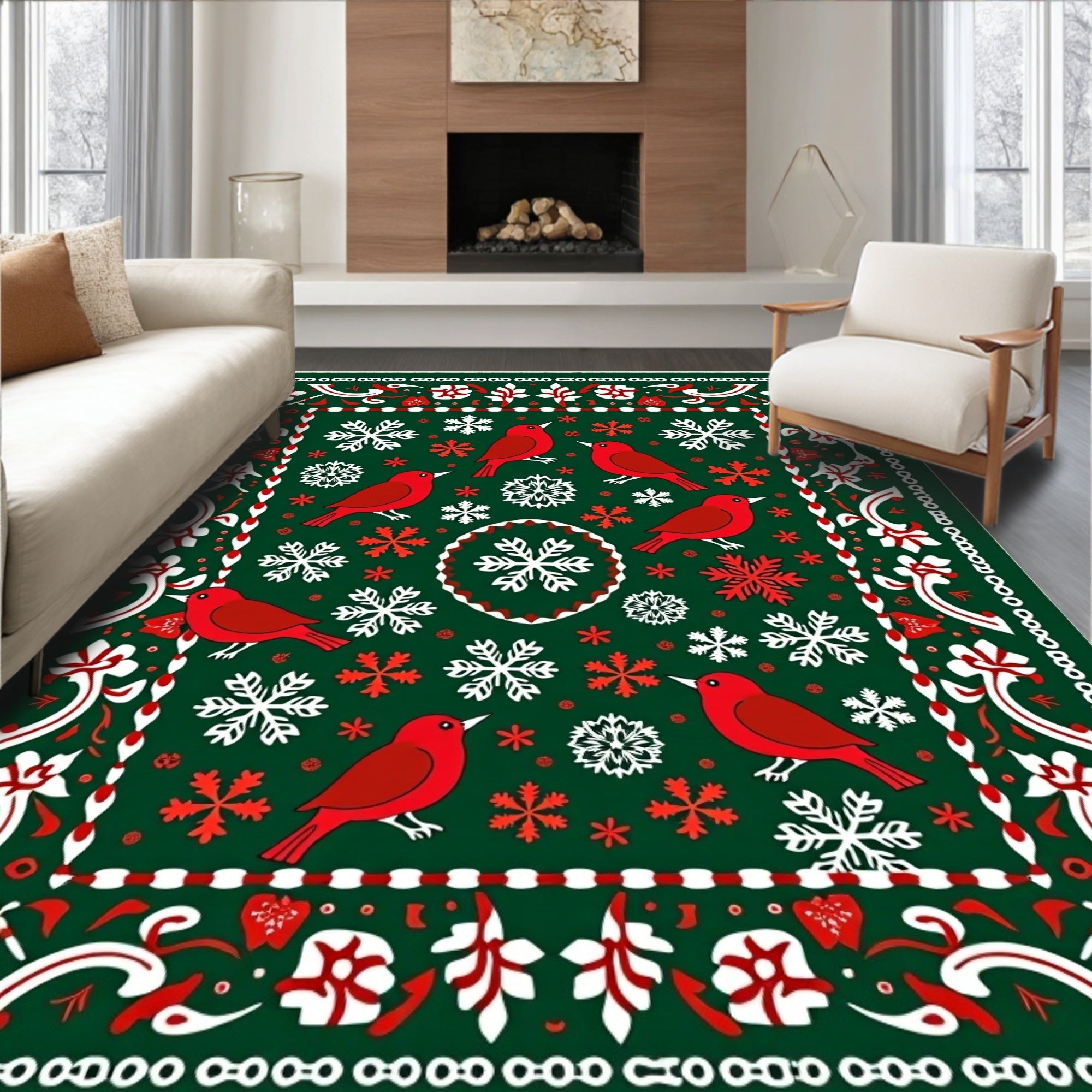 Red Cardinal Winter Snowflake Folk Art Rug