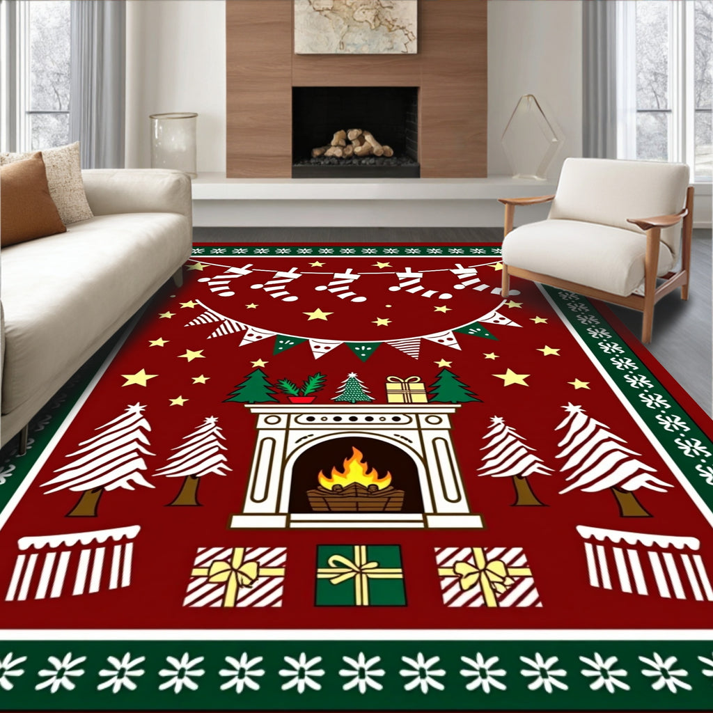 Festive Red Christmas Fireplace Trees Rug