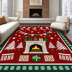 Festive Red Christmas Fireplace Trees Rug