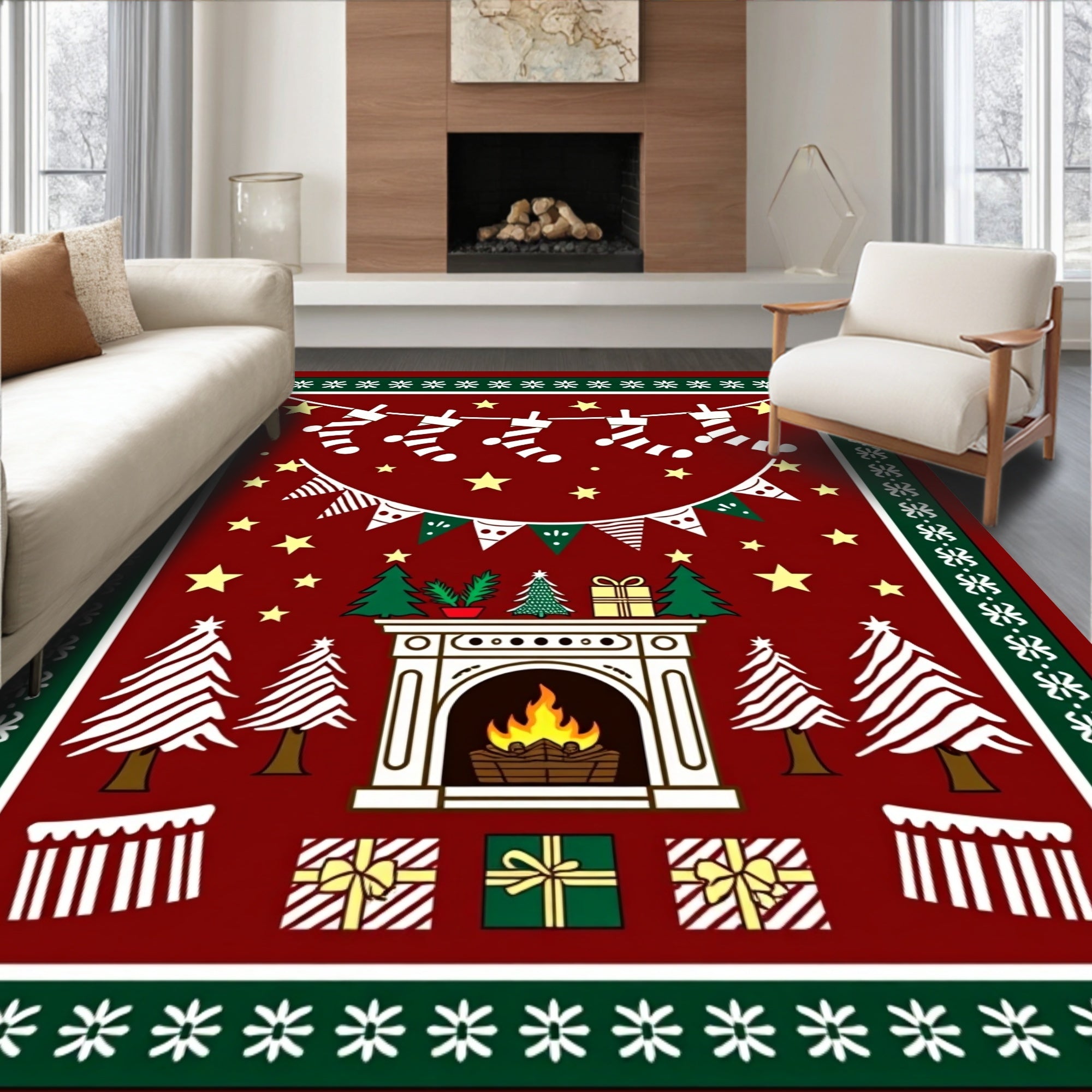Festive Red Christmas Fireplace Trees Rug