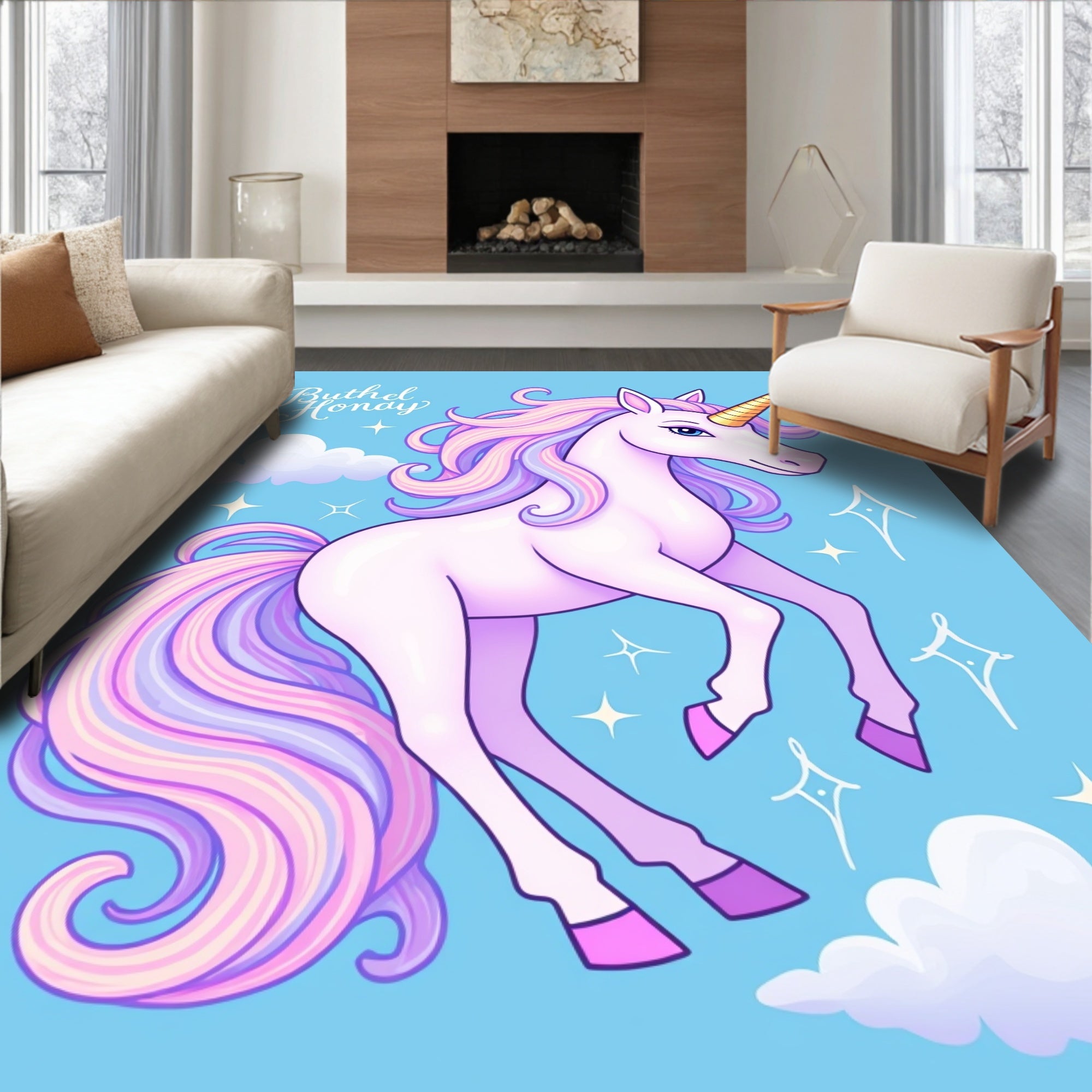 Pastel Rainbow Unicorn Clouds Sparkle Rug