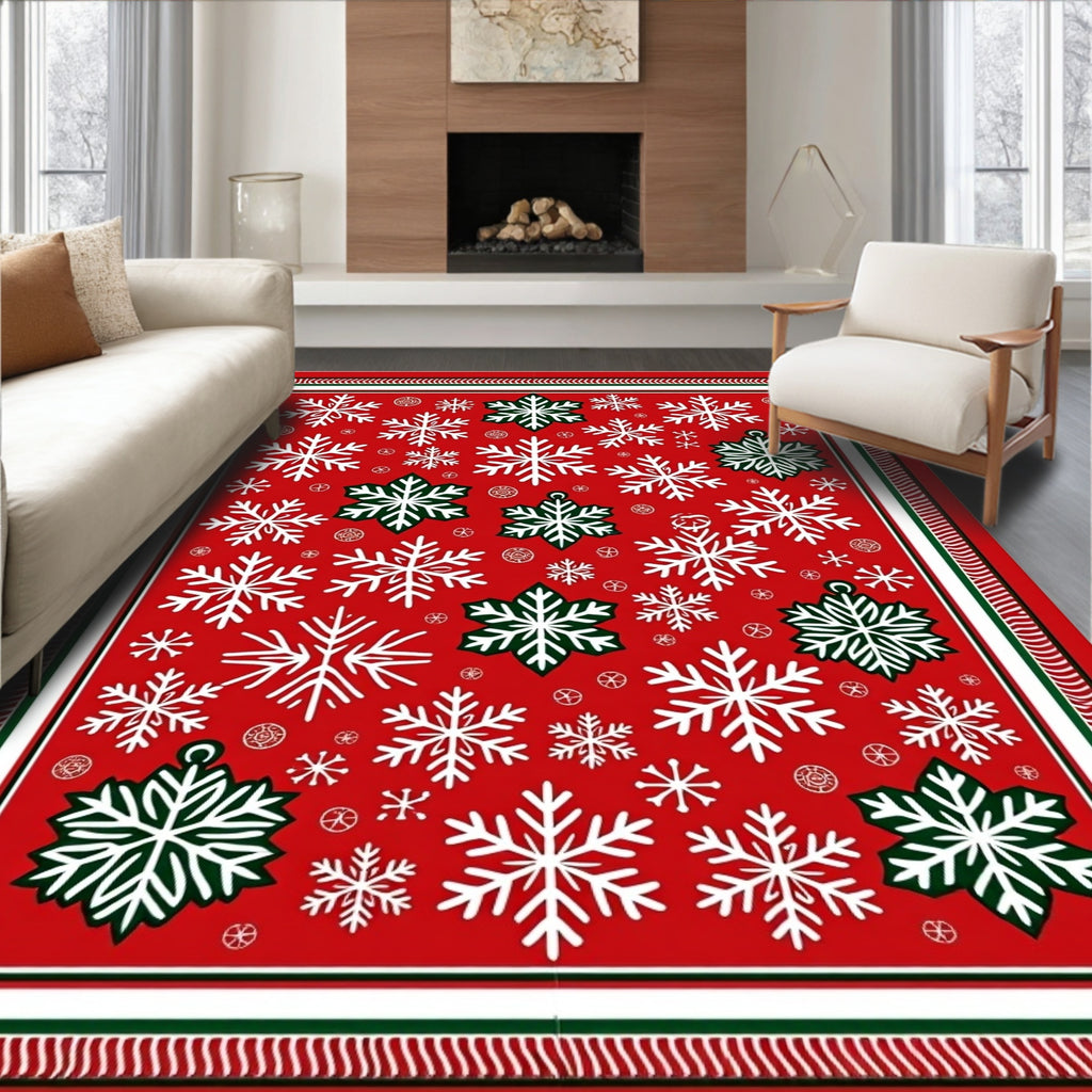 Red White Green Snowflake Winter Rug