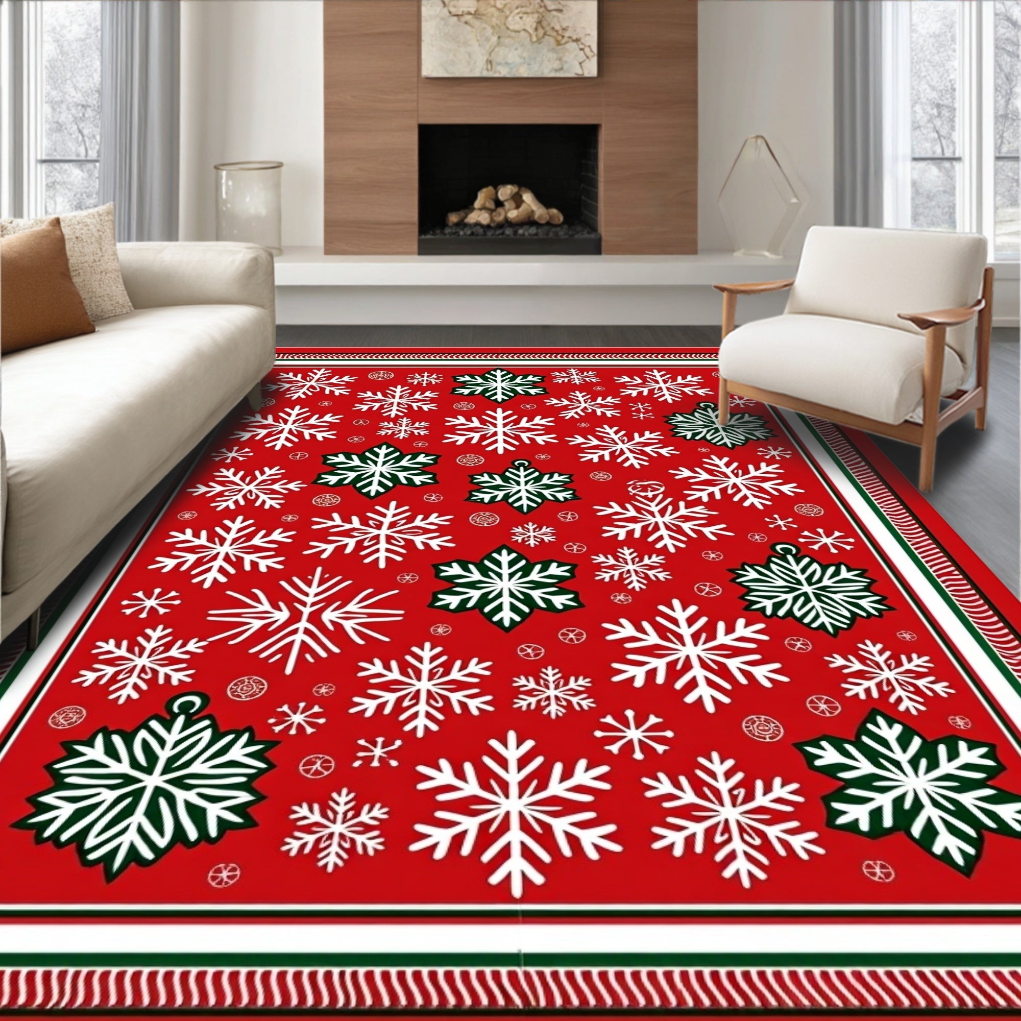 Red White Green Snowflake Winter Rug