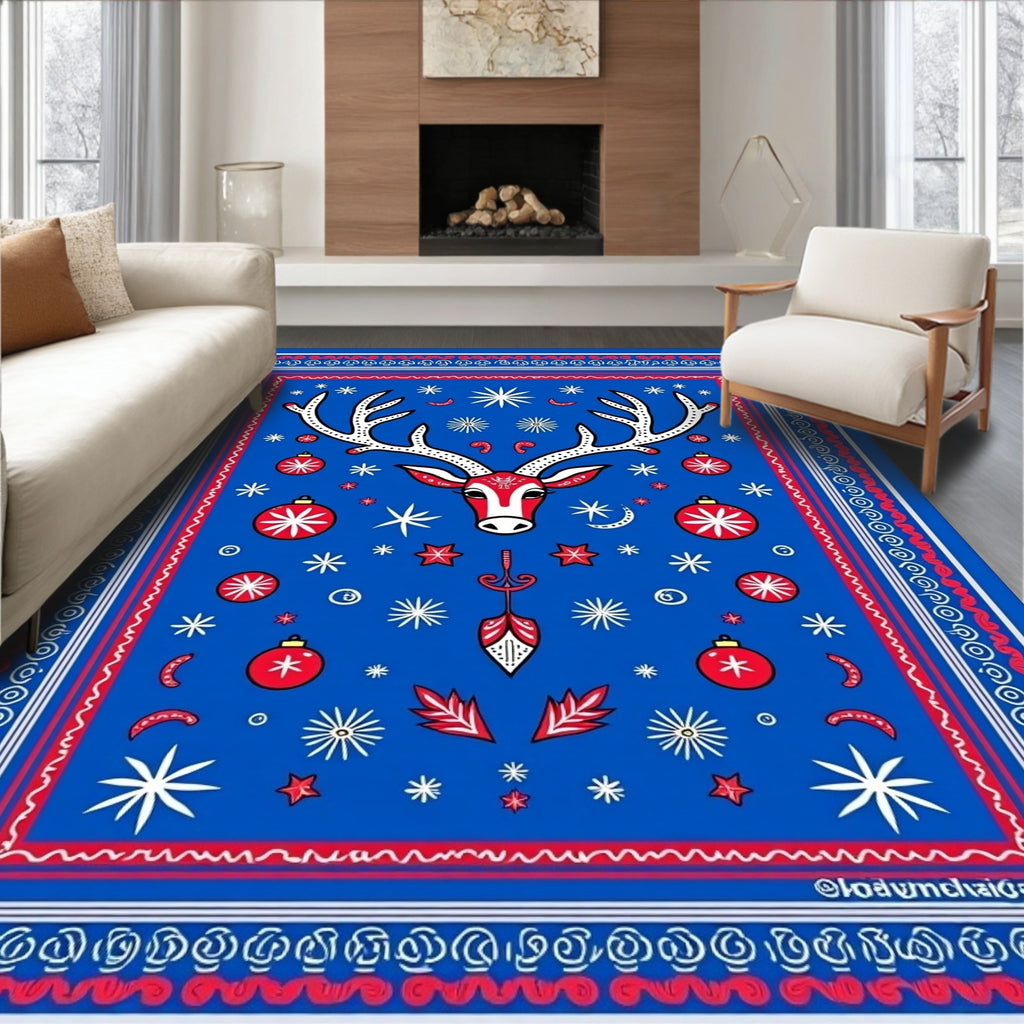 Bold Red White Reindeer Snowflake Garland Rug