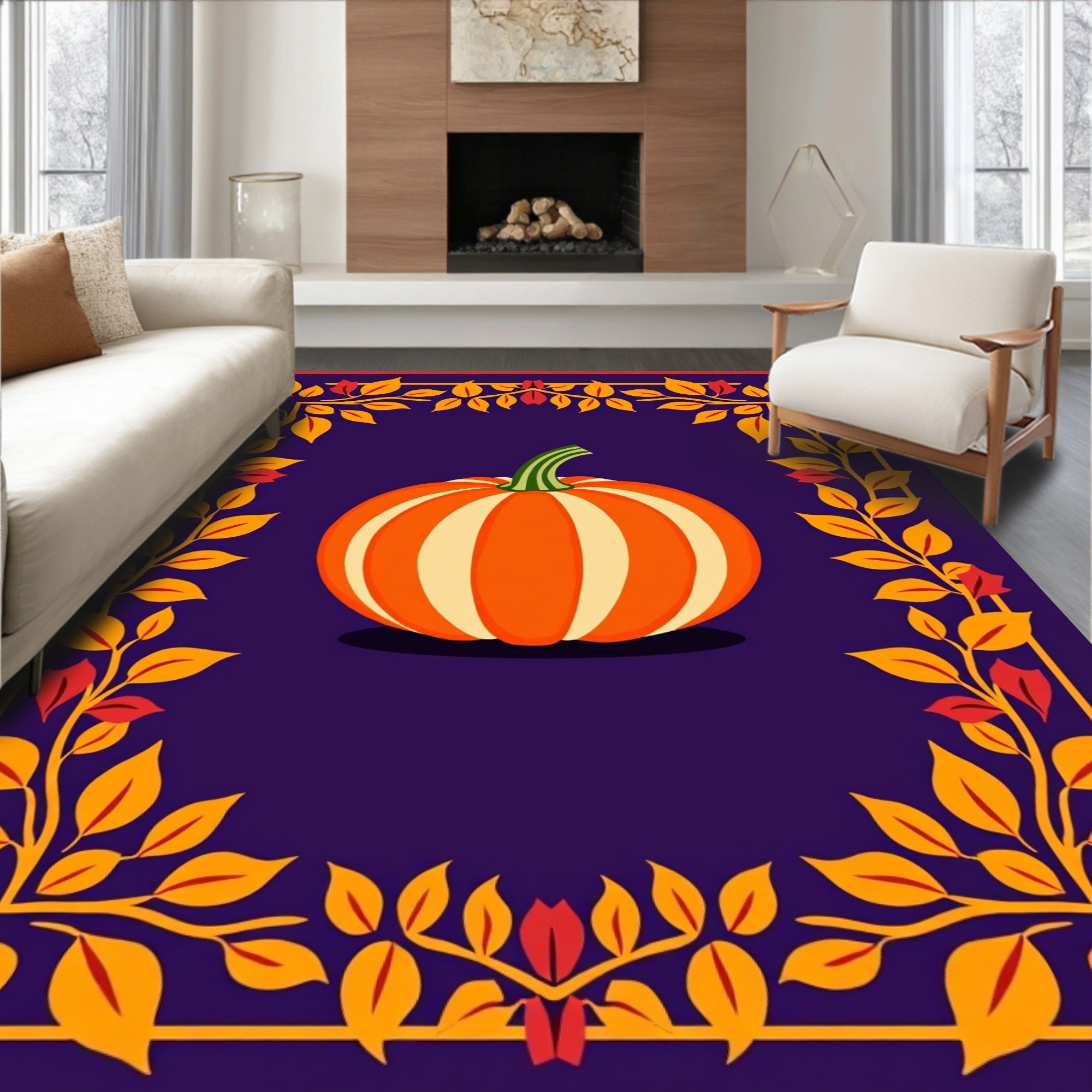 Orange Pumpkin Autumn Foliage Border Rug