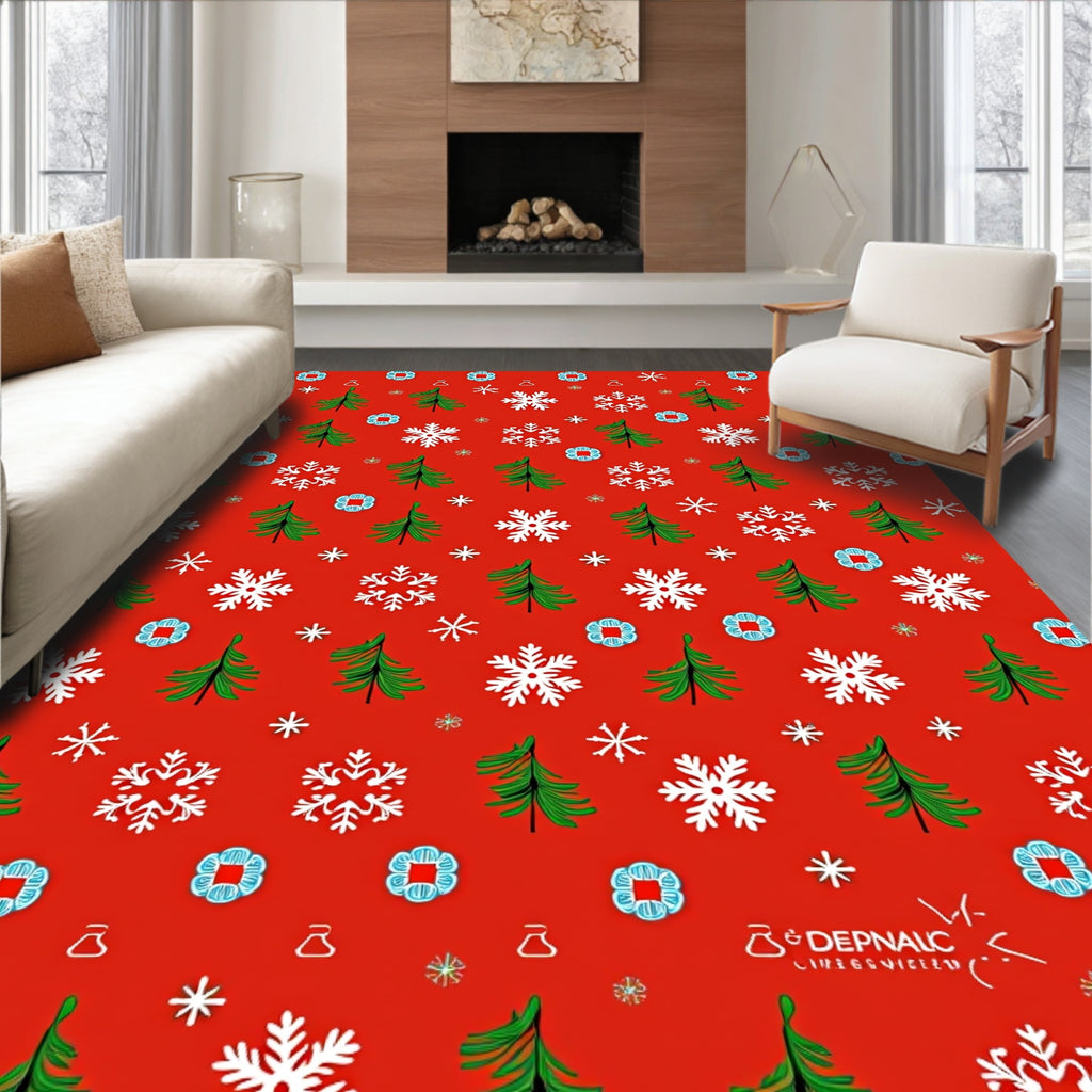 Red Festive Trees Snowflakes Garland Rug