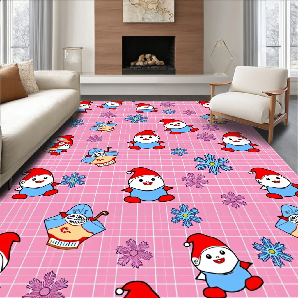 Whimsical Gnomes Snowflakes Pink Grid Rug