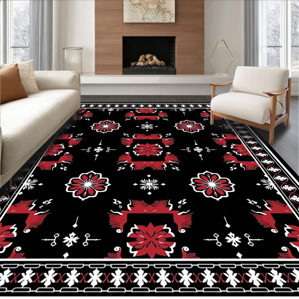 Bold Red Floral Black Ground Rug