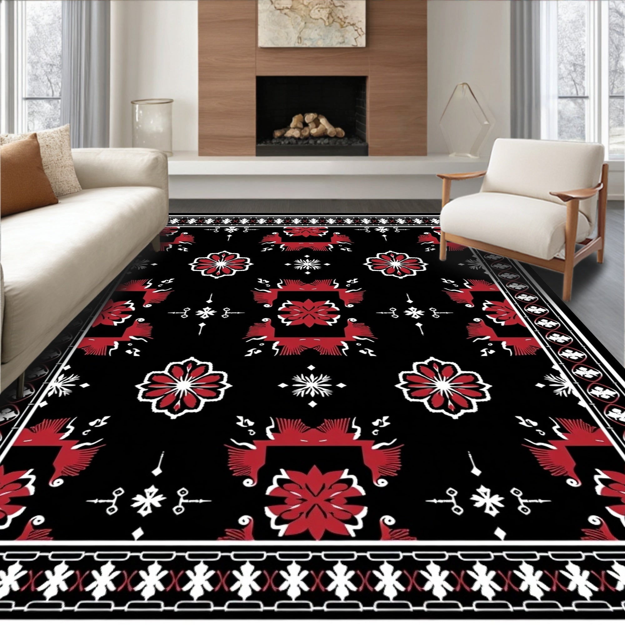 Bold Red Floral Black Ground Rug
