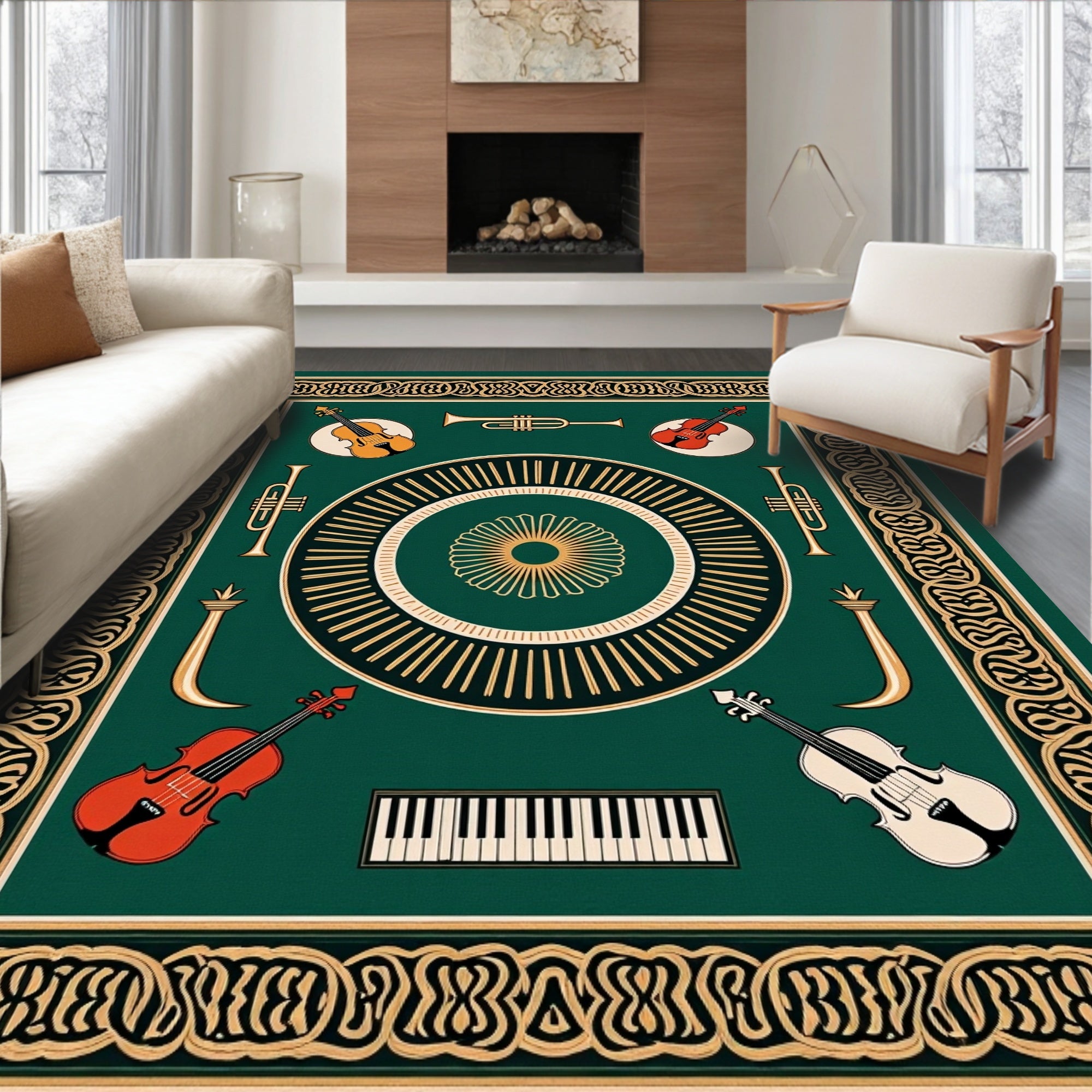 Vintage Musical Instruments Gold Border Rug