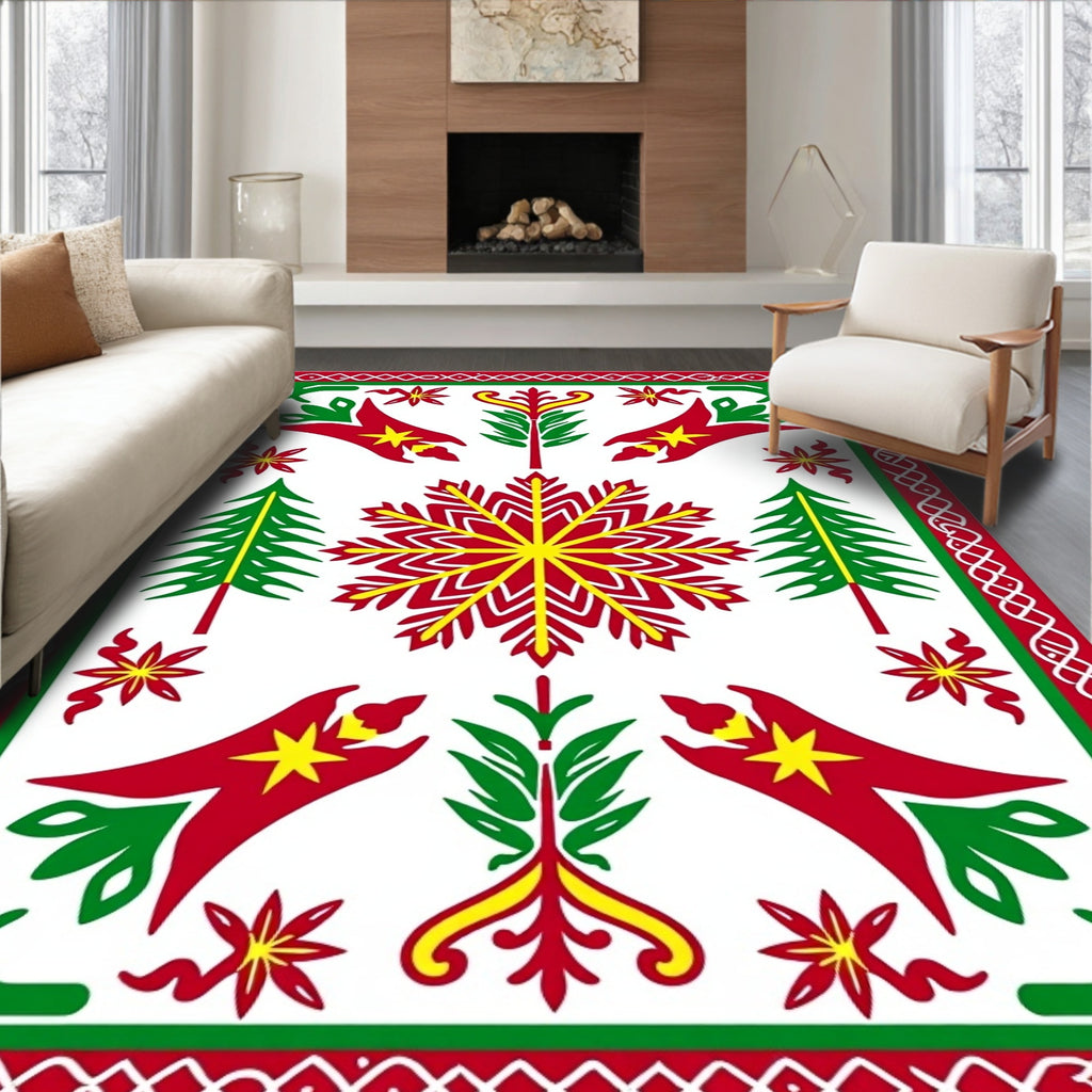 Bold Red Green Geometric Snowflake Tree Rug