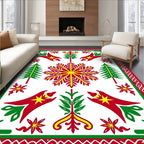 Bold Red Green Geometric Snowflake Tree Rug